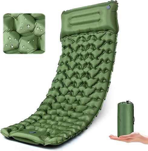 Colchoneta de dormir para camping, ultraligero (1.9 libras) inflable con almohada integrada y bomba de pie, almohadilla de aire compacta de 4