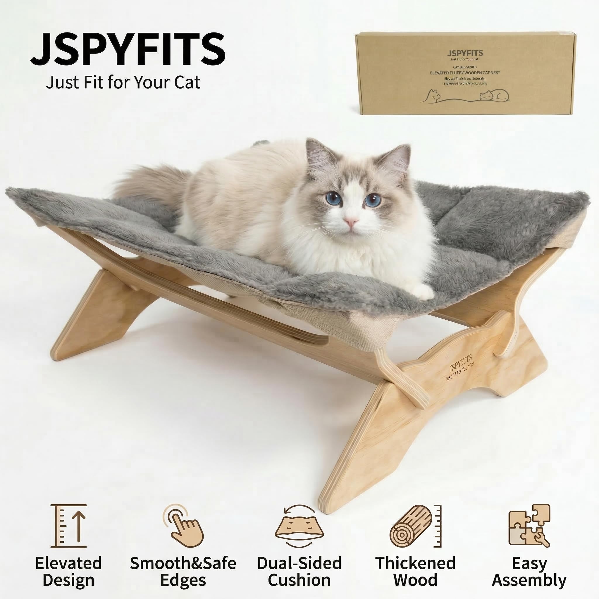JSPYFITS Katzenbett, Plüsch-Samt-Katzenbetten für Indoor-Katzen, Katzenhängematte aus Holz, 54 x 42 x21 cm, geeignet für Katzen, Hunde, Kaninchen, Kätzchen und Kleintiere Grau