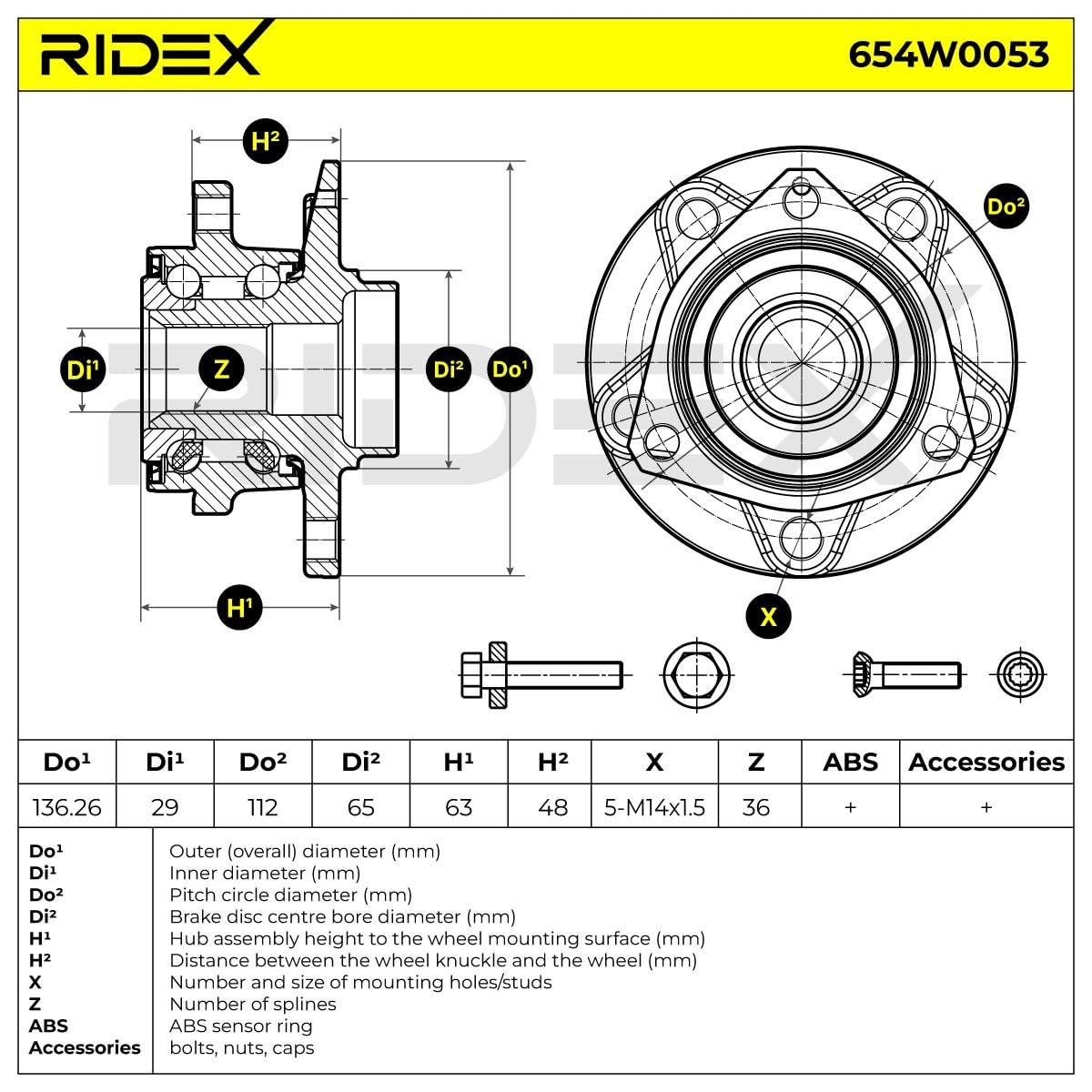 RIDEX 654W0053 Kit de roulement de roue Avant Arrière avec capteur ABS intégré avec vis/boulons Compatible avec VW Golf VII 3/5 portes 5G1, BQ1, BE1, BE2