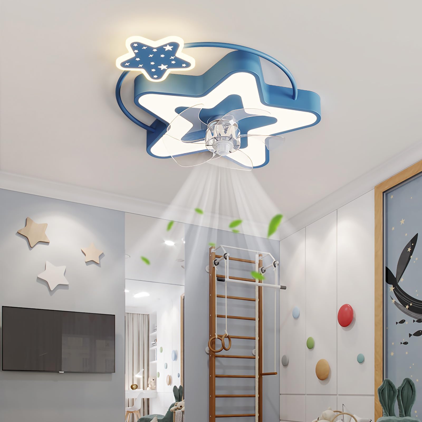 YUNZI Ventilador De Techo Con Luz Infantil Silencioso Mando Ventilador Techo Lampara Ventilador Dormitorio Ventilador Y Plafón De Techo Regulable Velocidad Del Viento Lampara De Techo-Blue