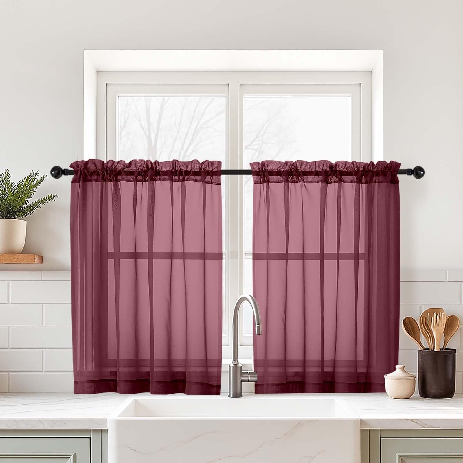 Ebesto Burgundy Sheer Curtains Tier 30 Inches Length 2 Panels Set, Light Filtering Lightweight Soft Window Treatments Drapes, Cute Elegant Cafe Curtains for Nursery, Dual Rod Pocket, 2x42Wx30L Inches