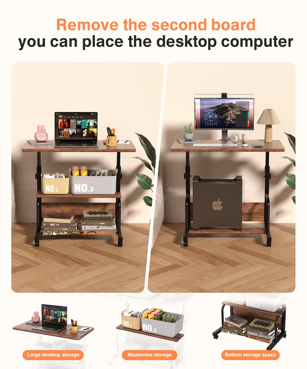 Escritorio portátil con ruedas de altura ajustable para espacios pequeños, escritorio de computadora de 32 pulgadas con estantes de almacenamiento para oficina en casa rústico 5