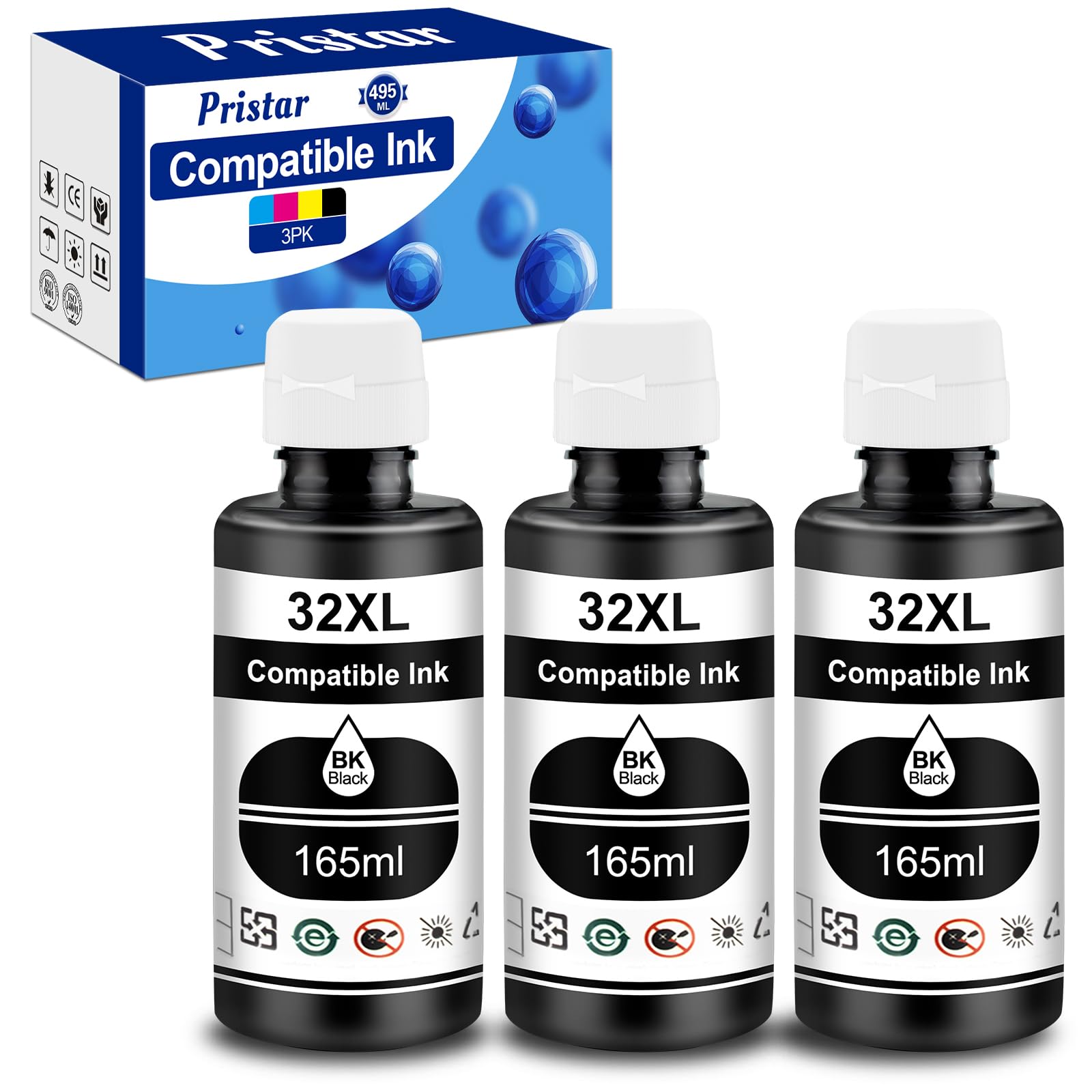 Pristar Compatible with HP 31 32XL Black Ink Bottle Set Replacement for HP Smart Tank Ink Refill 5000 5101 6001 7602 7301 7001 5102 Plus 651 551 455 457 450, 165ML for 32XL Black Ink Refill Bottles