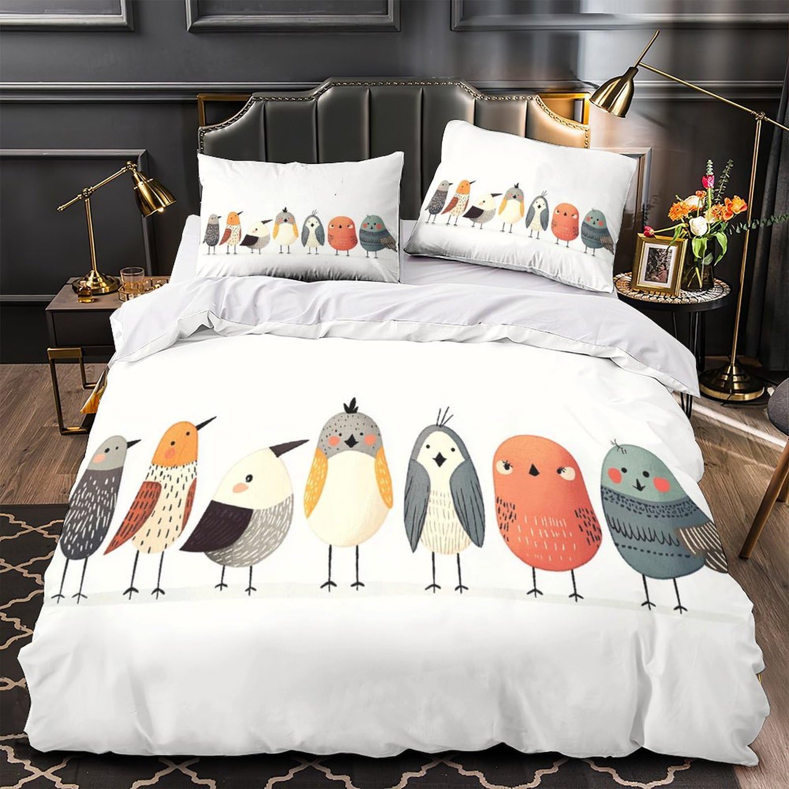 Housse de couette anti-decoloration oiseaux mignons parure 200x200cm microfibre lit adulte