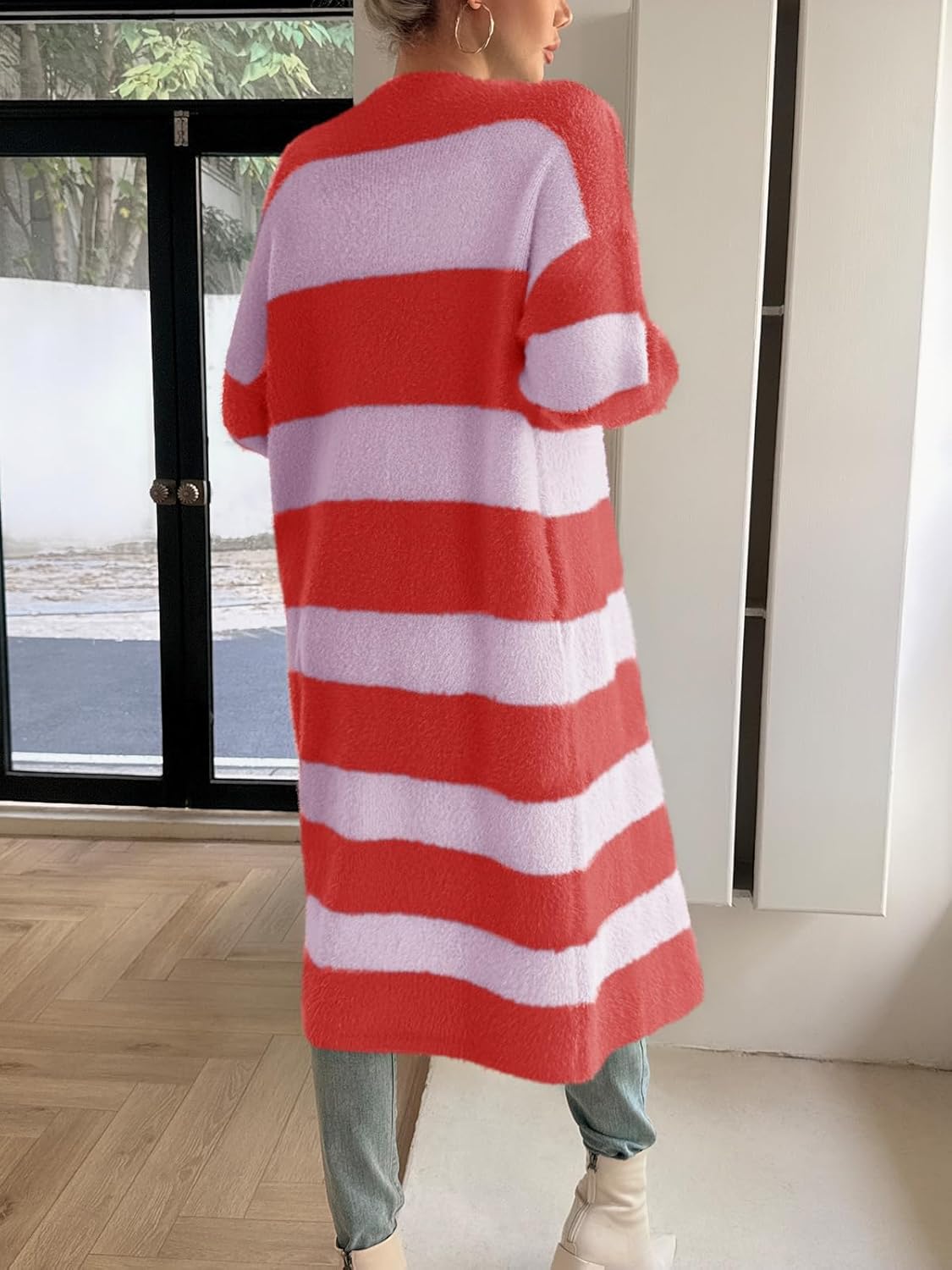 Saodimallsu Womens Striped Long Cardigan Sweaters Open Front Oversized Chunky Fuzzy Knit Fall Duster Sweater Coats - Image 5