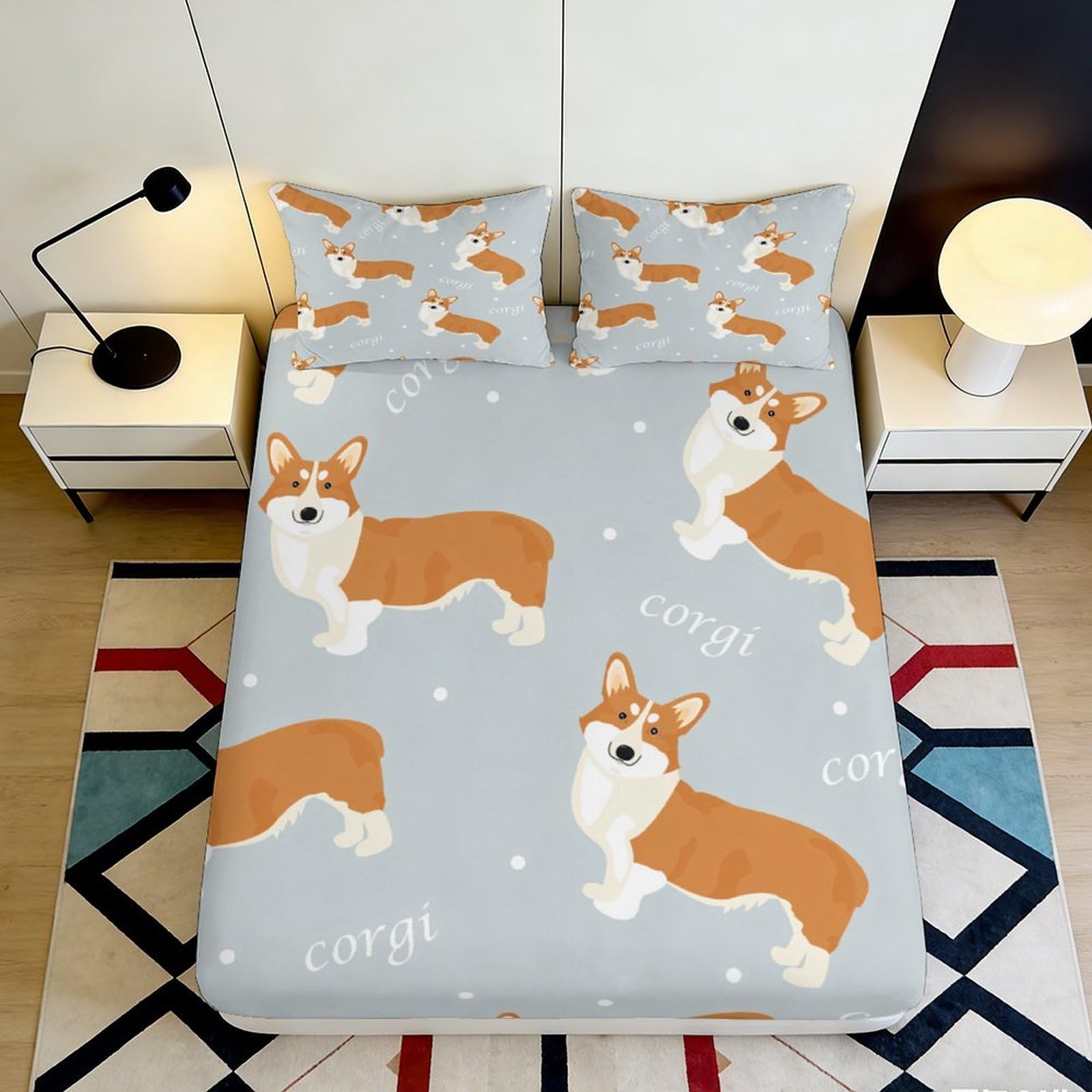 3D Printed Corgi Dog Fitted Sheet Microfiber Soft Breathable Cartoon Animal Bed Sheet for Bedroom Guest Room Decor 90x200x25cm