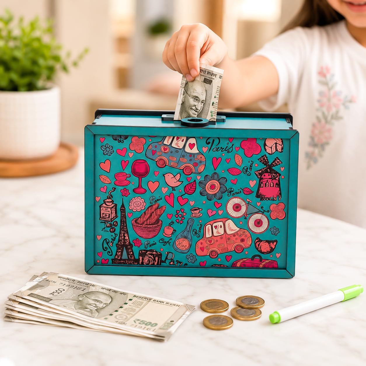 Gift Kya De Printed Colorful Money Bank with Target Tracker & Marker | Wooden MDF Piggy Bank for Kids & Adults | Aqua Teal 200000 Savings Box for Coins & Notes | Gullak Box | Made in India (Aqua Teal)-image-46