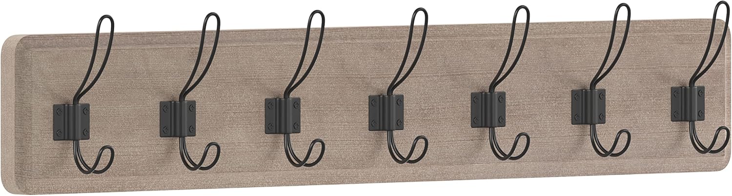 HBCY Creations Weathered Solid Wood Wall Mounted Coat Rack with Shelf, 7 Hooks, 34" Long - Kitchen, Mudroom, Entryway, Bathroom - Includes Mounting Hardware, Coat Hanger, Dog Leash Hooks, Towel Rack 34" - 7 Hooks 1- Weathered