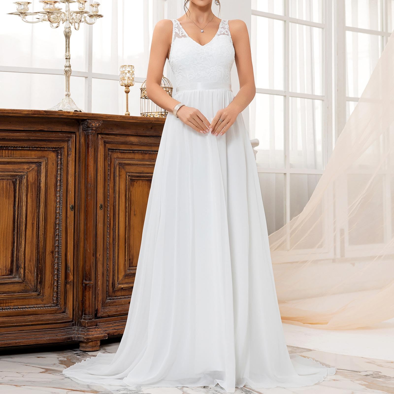Masrin Robe de mariée blanche pour femme - Robe de mariée pour la photographie - Broderie florale - Robe en mousseline de soie - Col en V - Sans manches - Robe de soirée pour mariage - Robe de remise