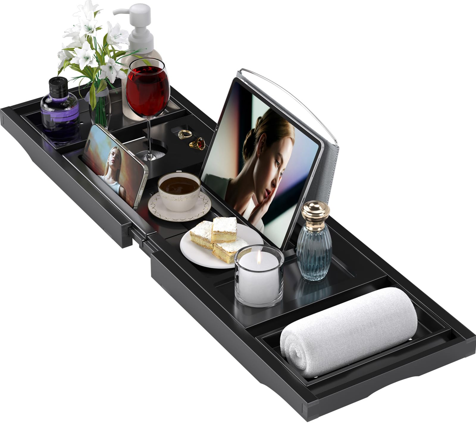 Bandeja de bañera, bandejas de baño expandibles para bañera, estante de bambú y mesa con soporte para copas de vino, accesorios de baño para el nuevo hogar, día de la madre y regalos de cumpleaños