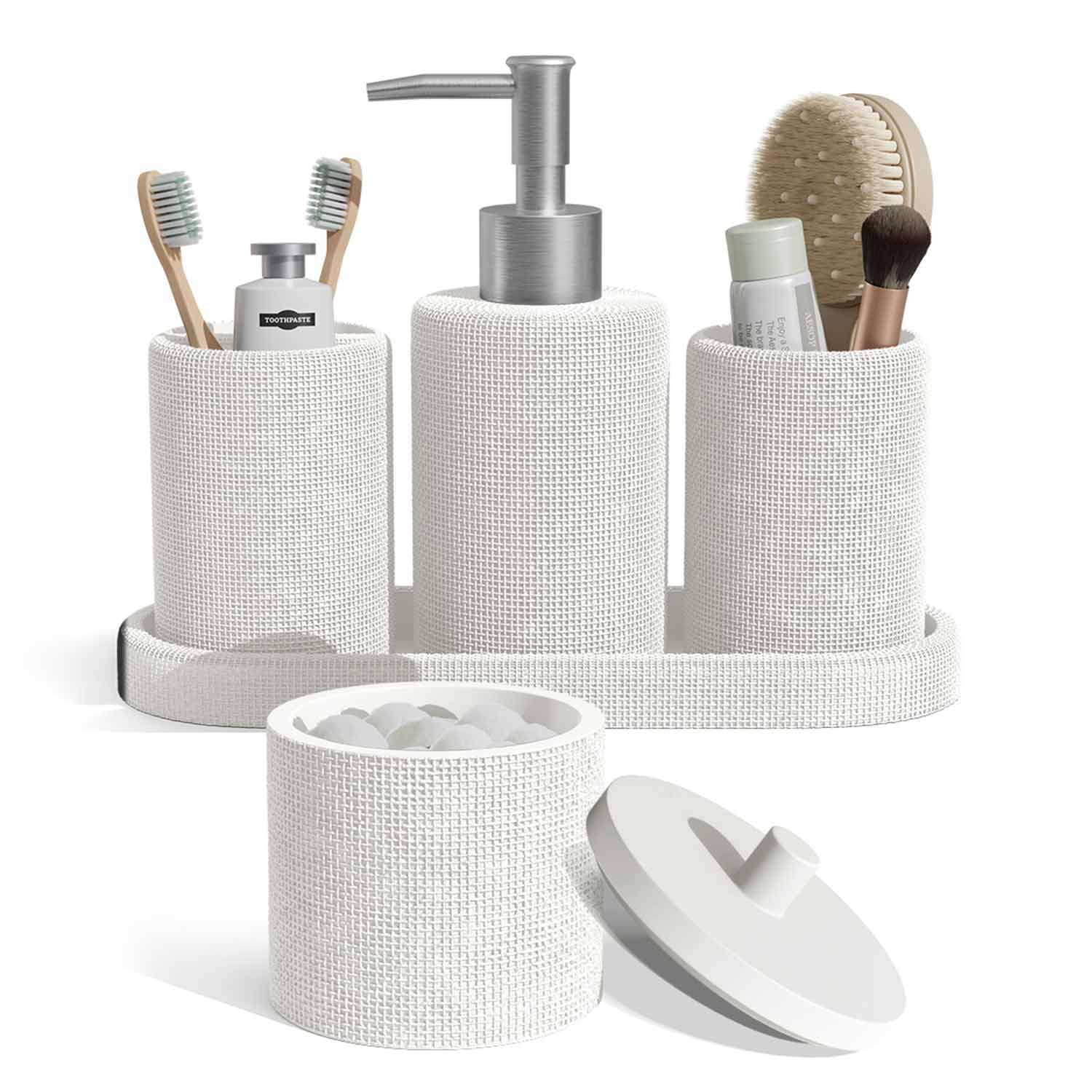 Clara Clark White Bathroom Set - Bathroom Accessories Set, 5Pc Bathroom Accessory Set, Bathroom Sets With Soap Dispenser, Toothbrush Holder, Tumbler, Cotton Swab Jar & Vanity Tray