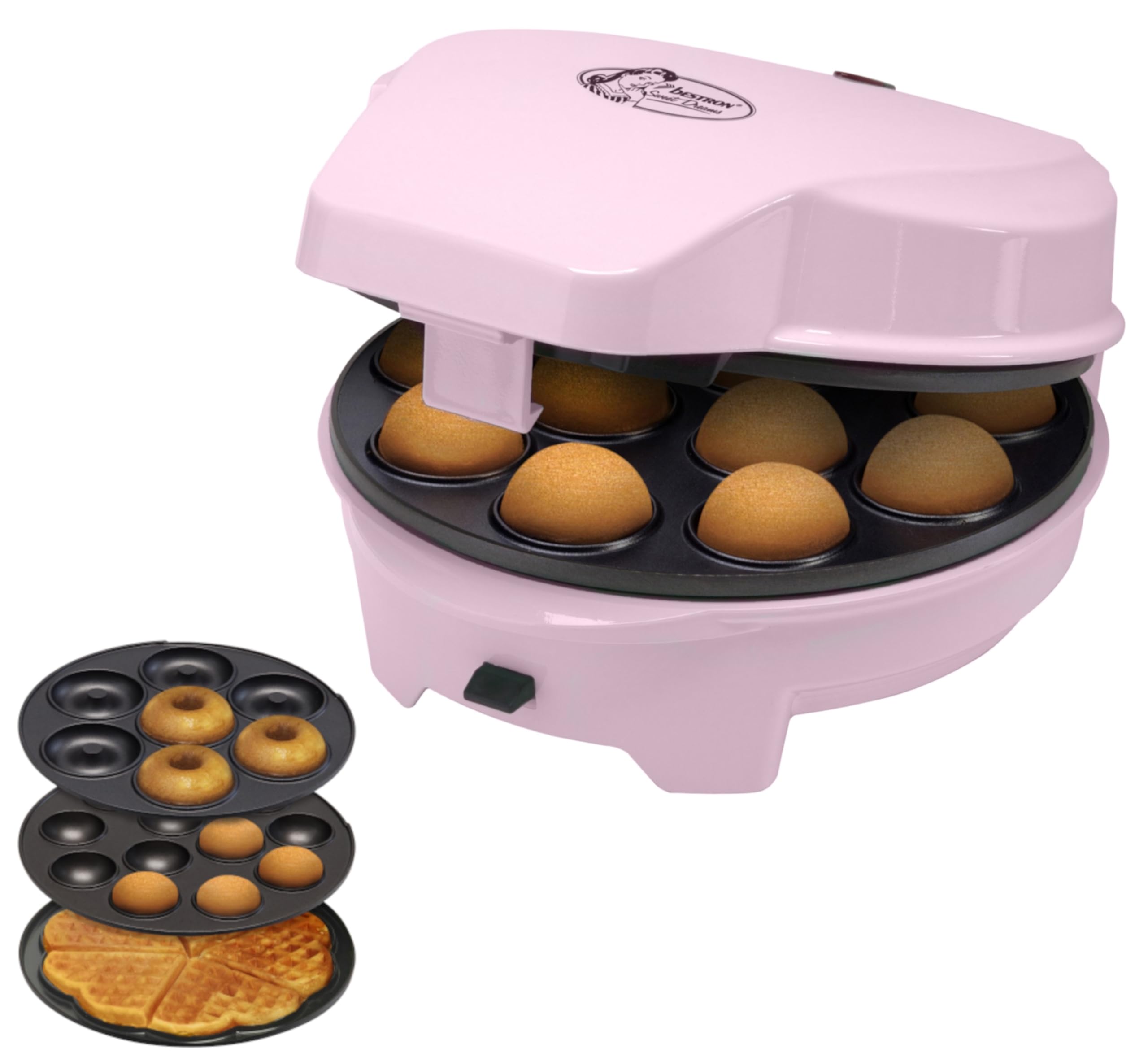 Bestron 3-in-1 Cakemaker im Retro Design mit 3 Wechselplatten für Donuts, Muffins & Cakepops, Antihaftbeschichtung, 700 W, Platzsparend verstaubar, Rosa, ASW238P