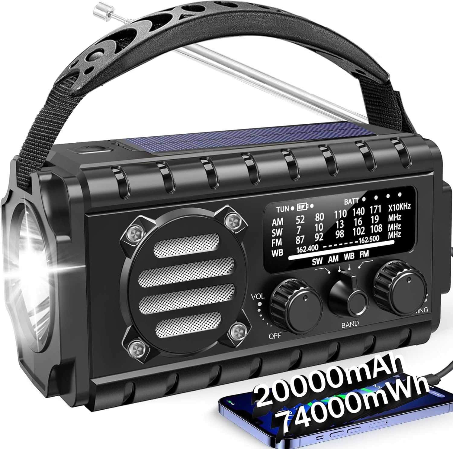 20000mah Emergency Radio, SW/NOAA/AM/FM Weather Radio, Solar Powered Hand Crank Charger with Big Battery Powered, Portable, Cellphone Charge, SOS, Flashlight for Emergency/Home