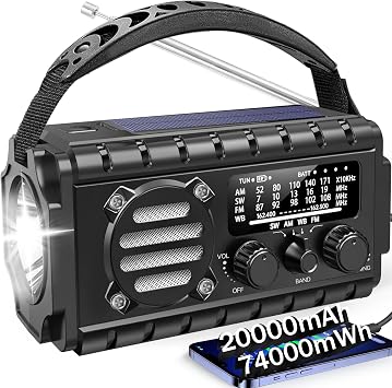 Aivica 20000mah Emergency Radio, SW/NOAA/AM/FM Weather Radio, Solar Powered Hand Crank Chager with Bige Batery Powered,Portable,Cellphone Charge,SOS,Flashlight for Emergency/Home Black