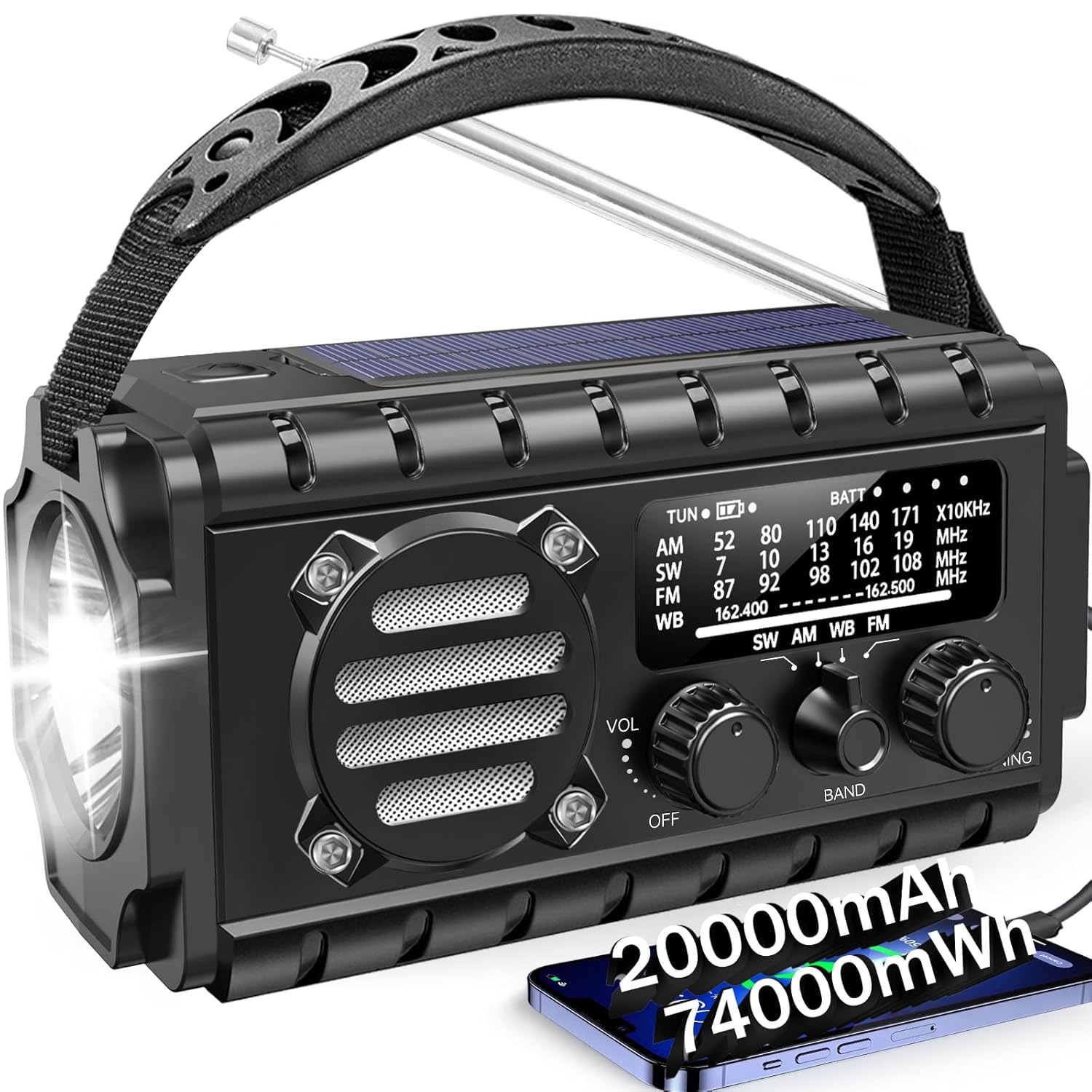 20000mah Emergency Radio SW NOAA AM FM Weather Radio Solar Powered Hand Crank Chager with Bige Batery Powered