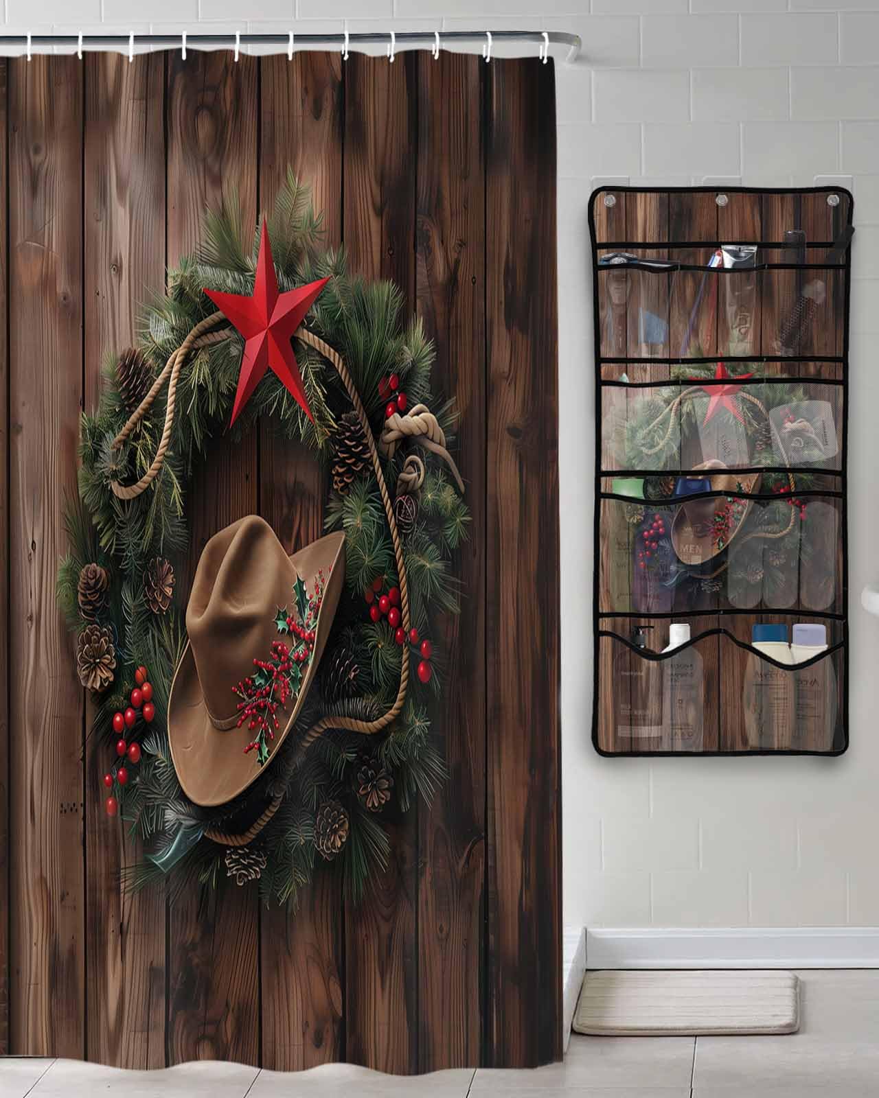 Decorative Shower Curtain Sets Christmas Cowboy Garland Polyester Fabric Waterproof Shower Curtains Winter Xmas Berry Wooden Grain Mesh