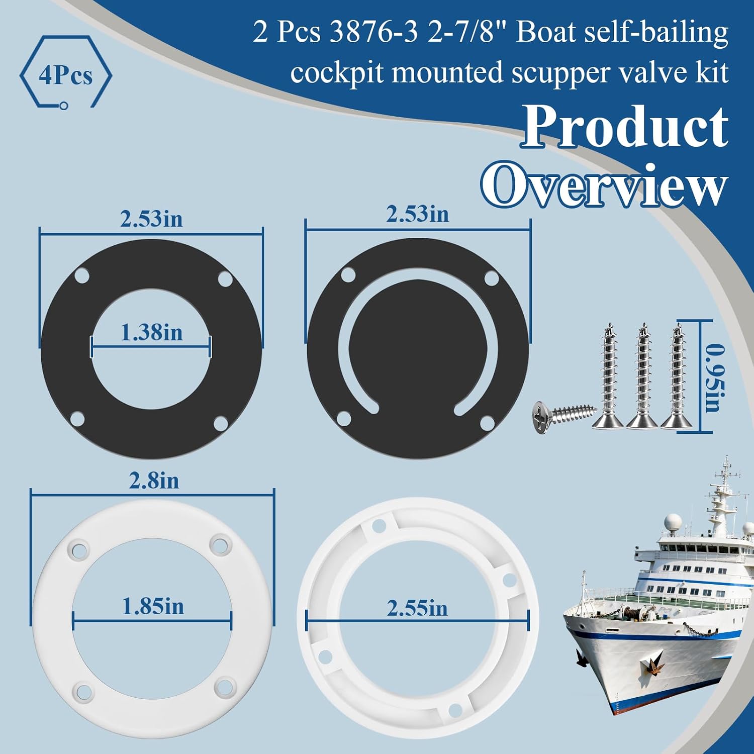 3876-3 2-7/8" Boat Self-Bailing Cockpit Mounted Scupper Valve Kit for Mounting on Transom Above Waterline/as Thru-Hull Cockpit Drain, Rubber Flapper Valve, Retainer Ring, Gasket W/Screws