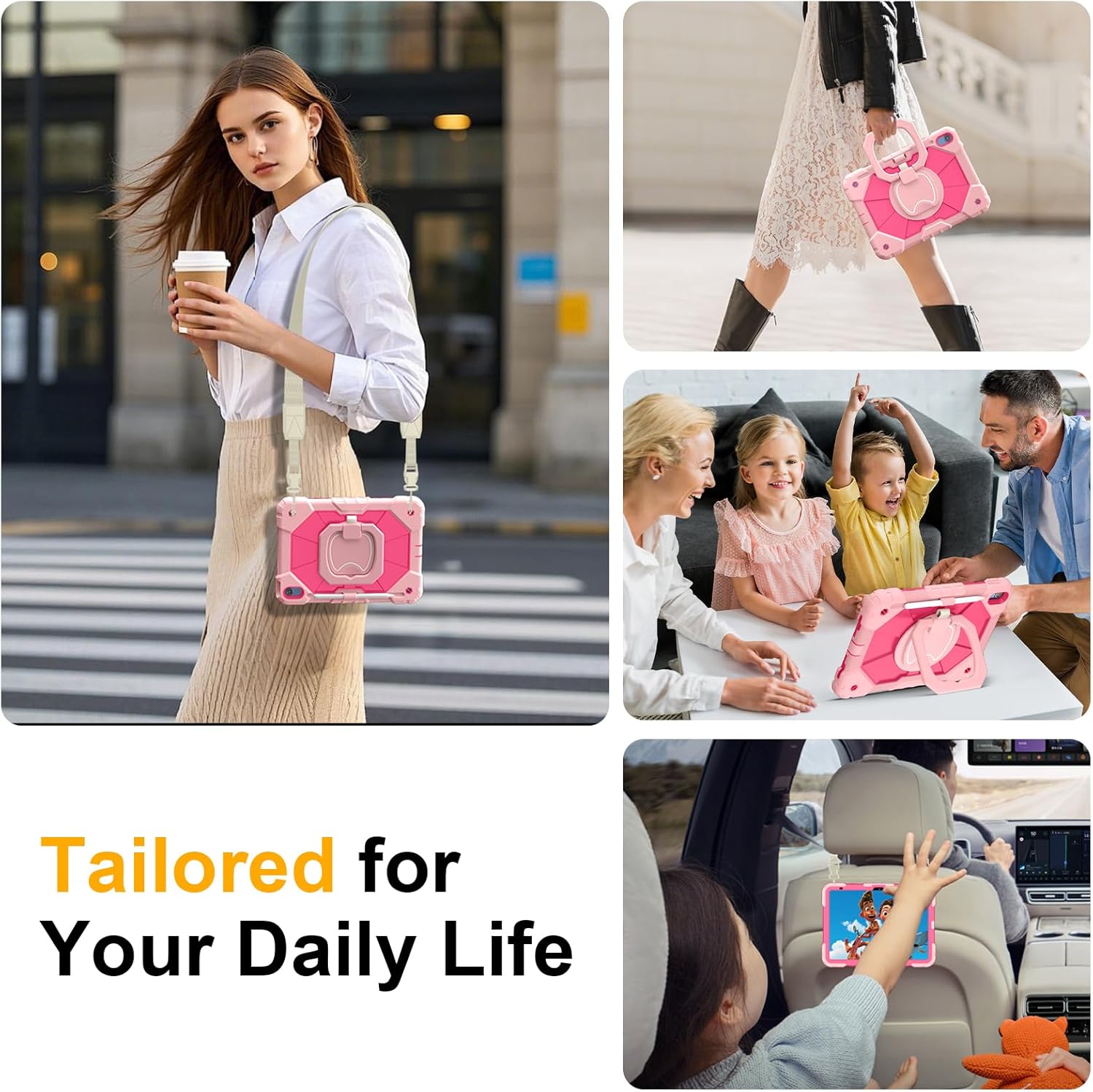 Case for iPad (A16) 11th Generation 11 Inch 2025, Ubearkk for iPad 10th Generation 10.9 inch 2022 case with Screen Protector 360 Degree Rotating Stand Shoulder Strap Pencil Holder, Rose Pink