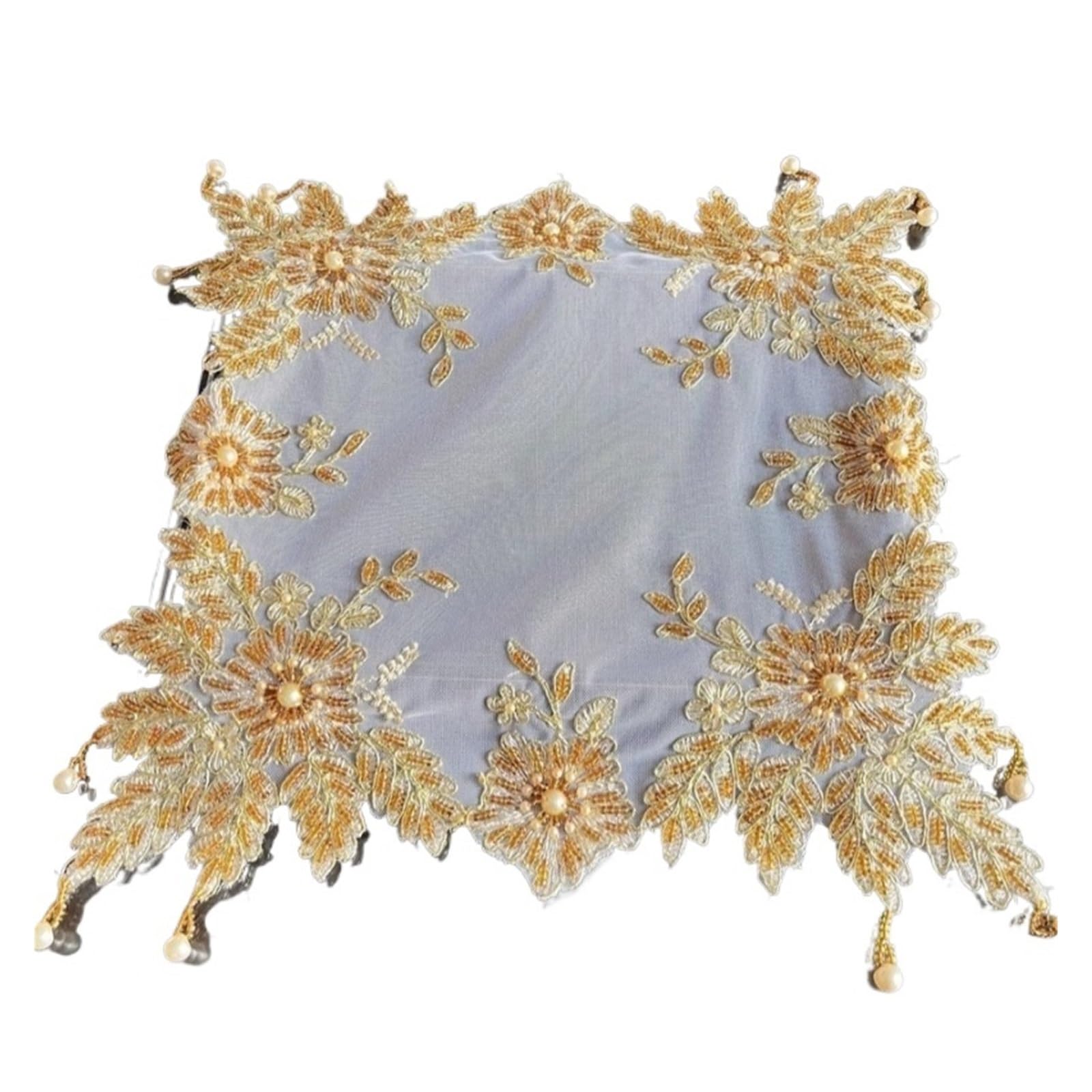 Nappe carrée brodée main fil d'or perlé | Tapis de table salon et mariage