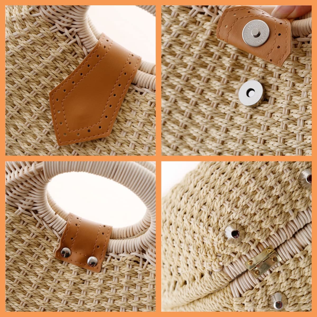 Bolso de paja para mujer, con forma de concha, tejido de playa, de moda, de verano, tejido a mano, de ratán, para vacaciones, Beige, Large