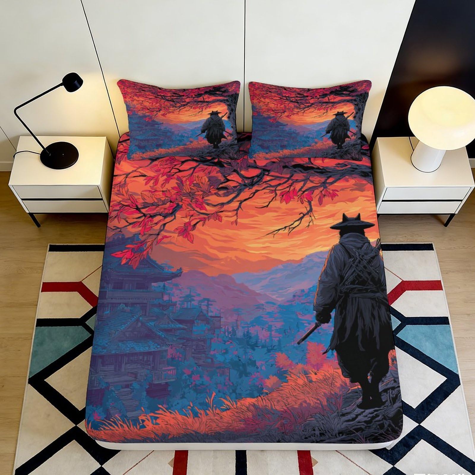 3D Printed Sunset Samurai Fitted Sheet Microfiber Soft Decorative Mountain Forest Bed Cover for Bedroom Dorm Decor 90x200x25cm