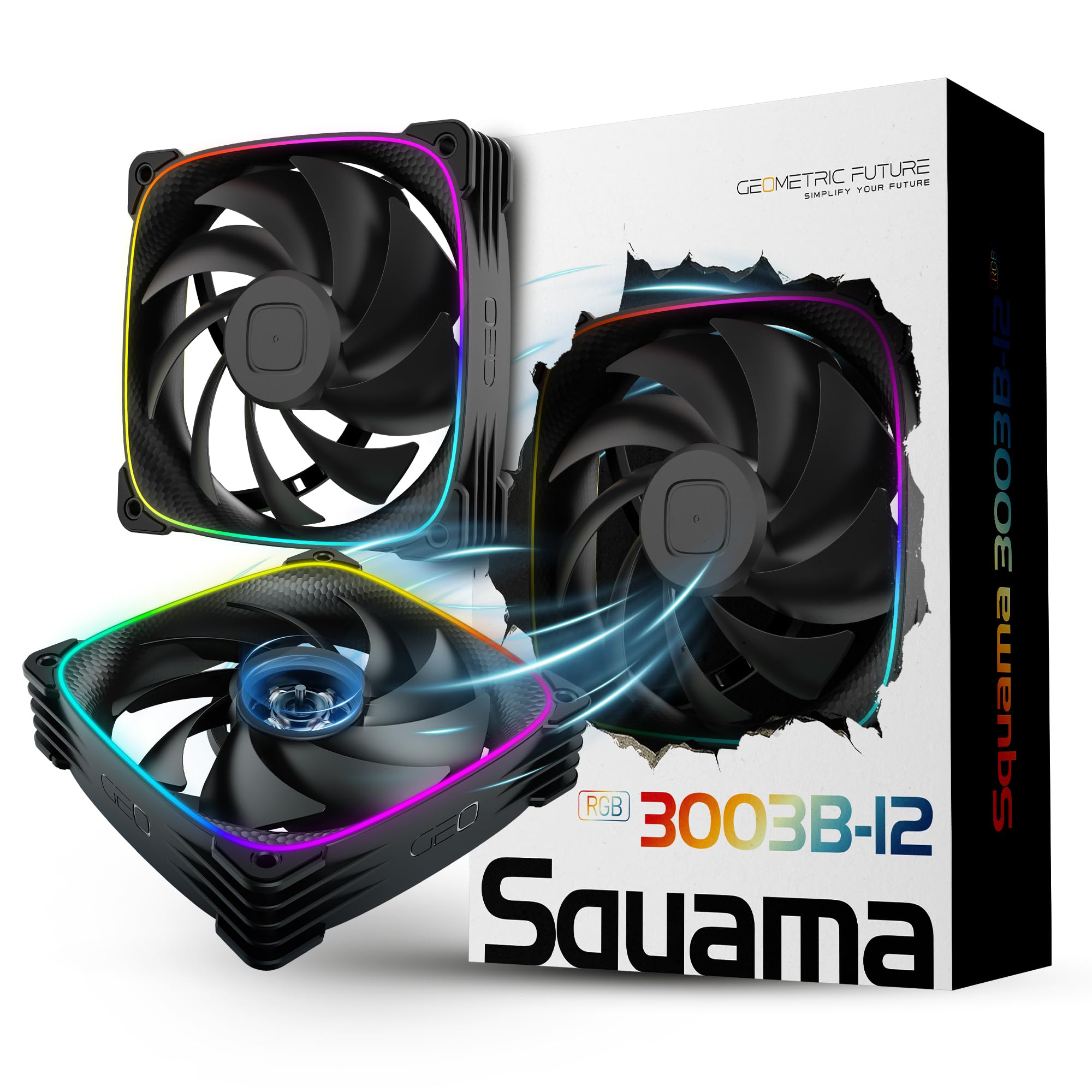 Geometric Future Squama GEO-S3003B-12T Lot de 3 ventilateurs PWM RVB haute performance 120 mm x 30 mm, 84 CFM, 2,93 mmH2O, éclairage ARGB double face, roulement hydrodynamique – Noir, lot de 3