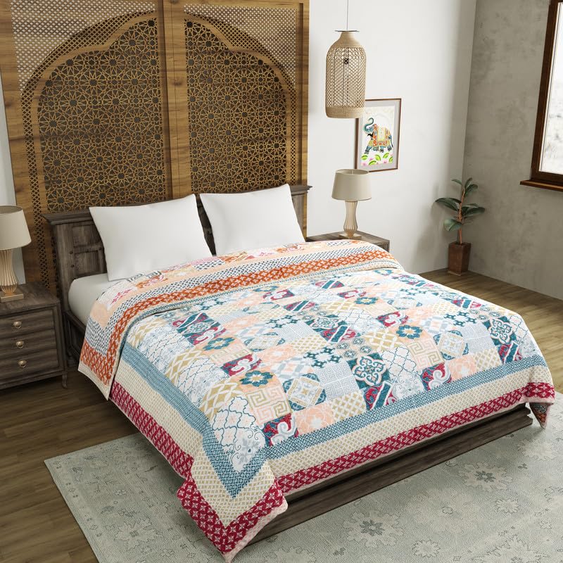 Image of BLOCKS OF INDIA Hand Block Printed Cotton King Size Quilt /Rajai (90 Inch X 108 Inch RED CHOKDI) Skin Friendly, 300 TC
