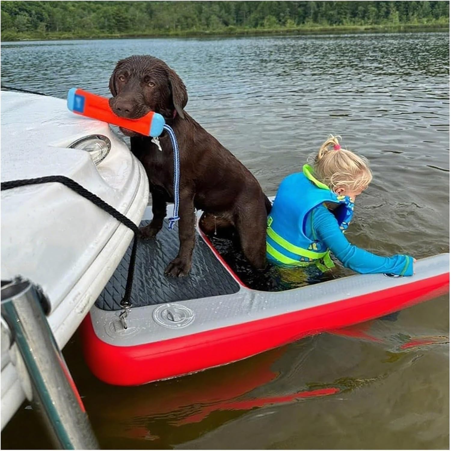 WDJBPSH Dog Floating Water Ramp with Storage Bags, Easy Entry Inflatable Pet Climbing Ramps for Dogs to Get on/off Boats, Docks & Pools(Red)