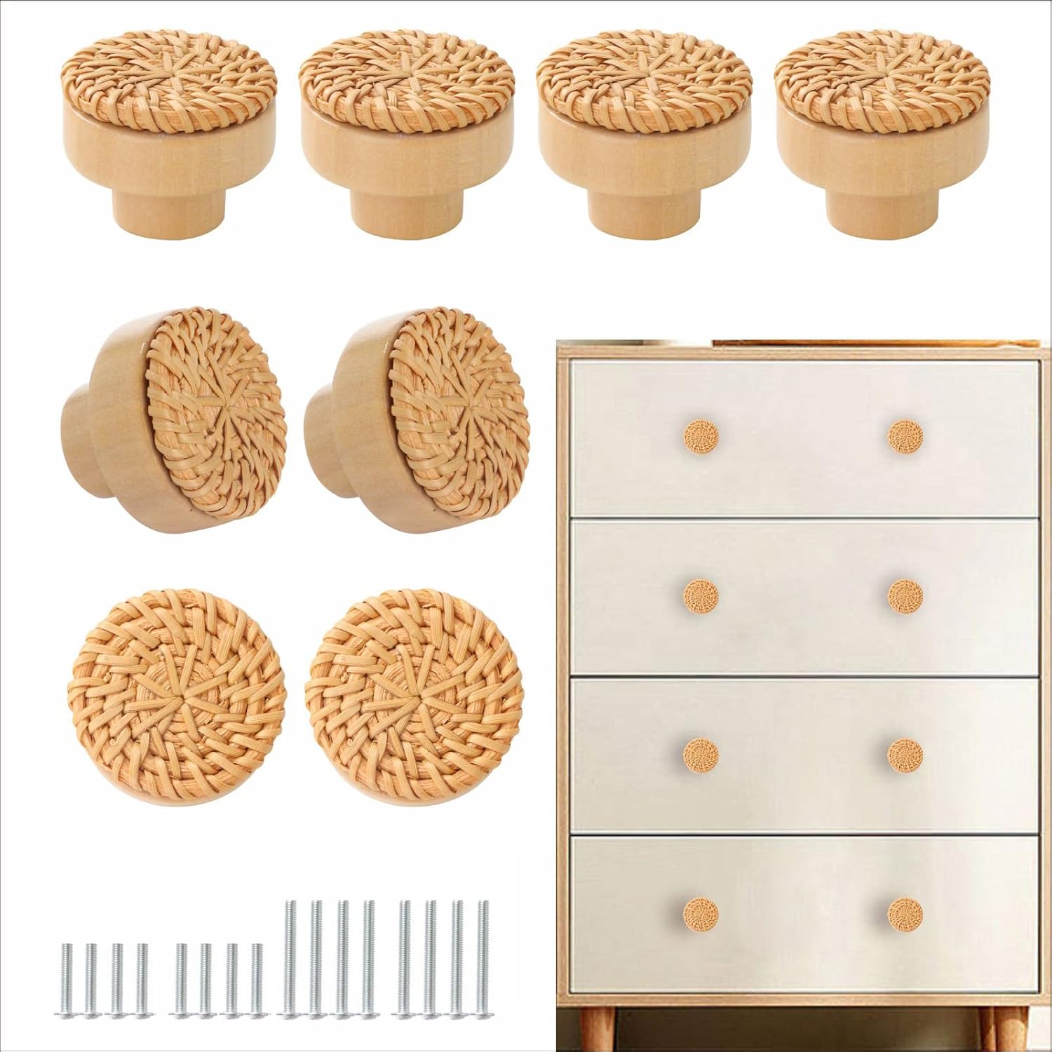 Kleeblatt Drawer Knobs 8 Pack Rattan Dresser Knobs Handmade Wicker