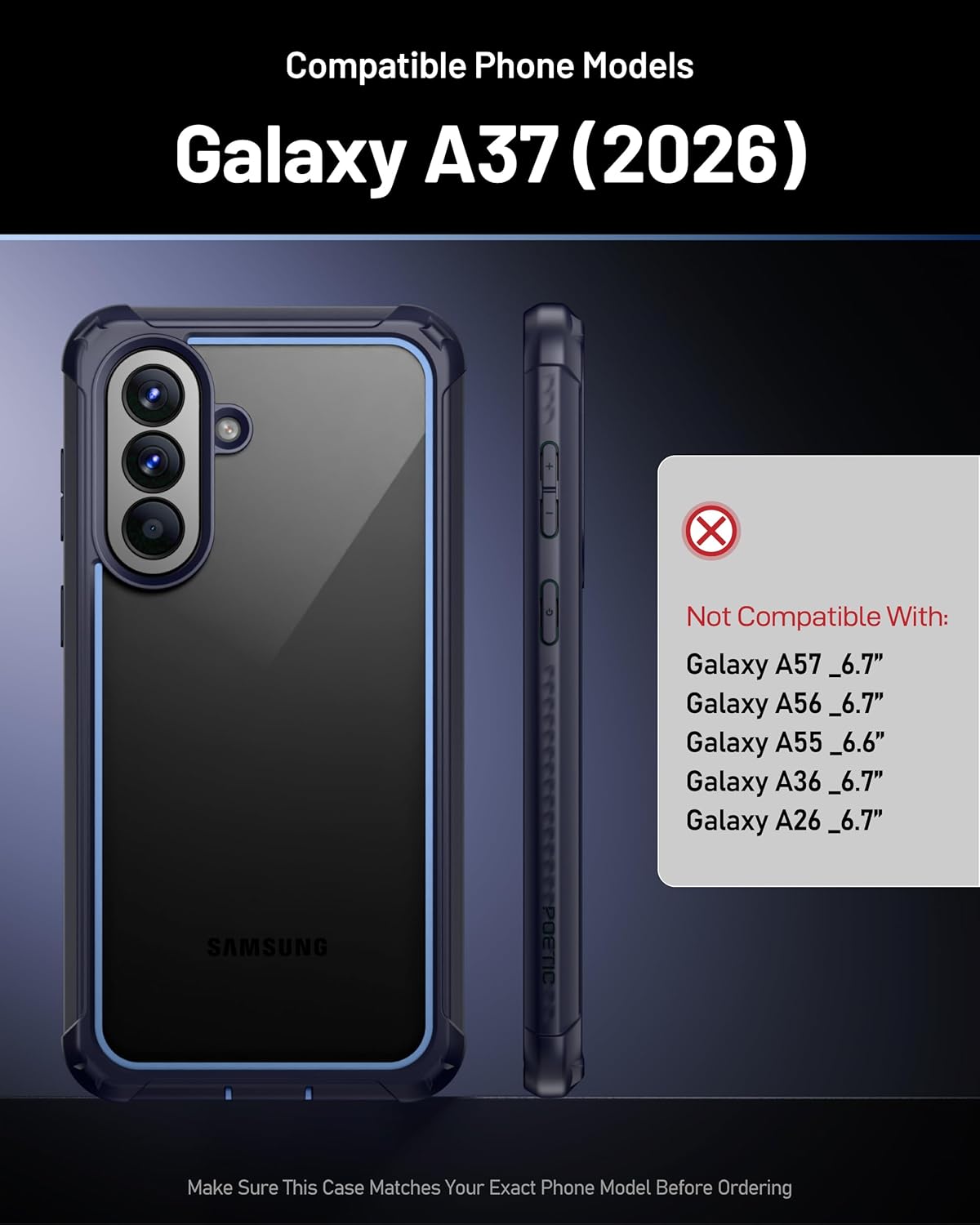 Poetic Guardian Case for Samsung Galaxy A37 5G, 20 FT Mil-Grade Drop Tested | Tempered Glass Screen Protector,Full-Body Hybrid Shockproof Cover with Screen Protector for Galaxy A37, Blue/Clear
