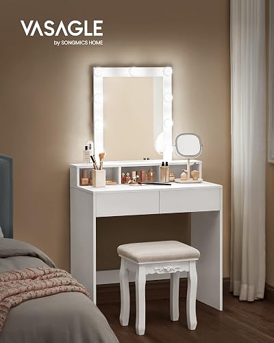 VASAGLE Kailyn Collection - Coiffeuse, Miroir LED, Éclairage 3 Couleurs Réglable, Table de Maquillage avec Miroir, 2 Tiroirs et 3 Compartiments, Coin Beauté, Style Moderne, Blanc RDT114WB01 - 2