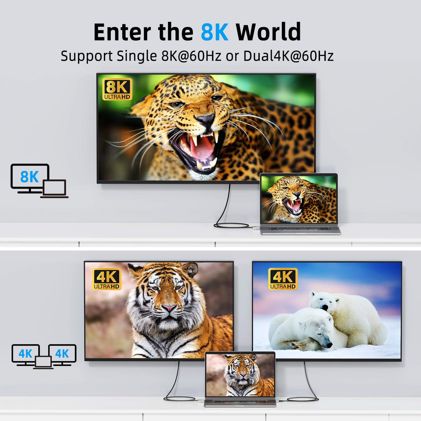 Per cavo Thunderbolt 4 40 Gbps Cavo USB C 2 in 1 100 W E-Marker 8k/5k Cavo Displayport singolo e 4k doppio Cavo video tipo C Cavo da USB C a USB C/A Cavo di trasferimento dati per ricarica rapida 1M