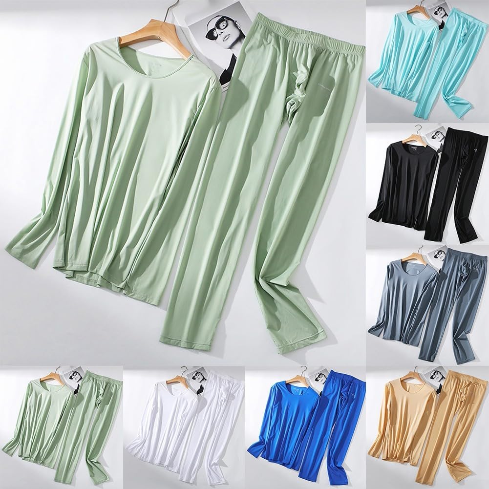 Herren-Unterhosen-Set, lässig, Eisseide, weiches Langarm-Top und Hose für alle Jahreszeiten