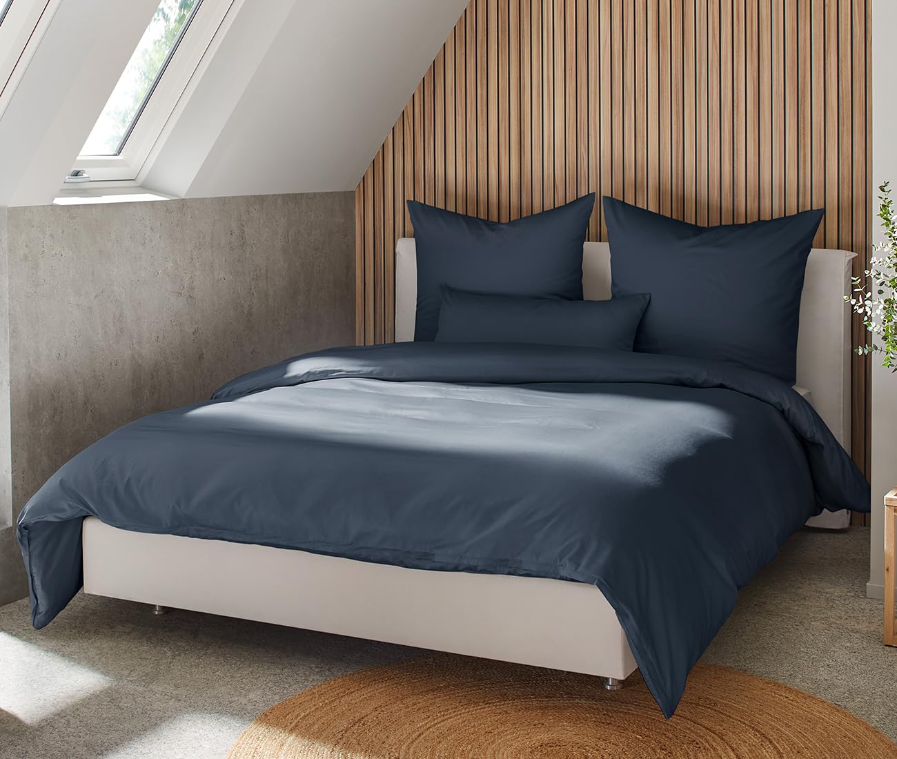 BEFA NATUR Made in Germany Bettwäsche Set, Bettbezug 155x220 cm und Kissenbezug 80x80 cm aus Baumwolle-Satin, Allergiker geeignet, Öko-Text 100 Klasse 1 Zertifiziert - Dunkelblau