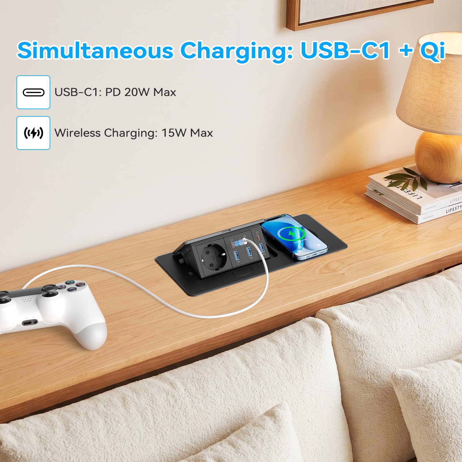 Wysuwane gniazdko z 3 portami USB C, gniazdko stołowe, gniazdko do zabudowy, z kablem 2 m, chowana listwa zasilająca z USB, blat stołu