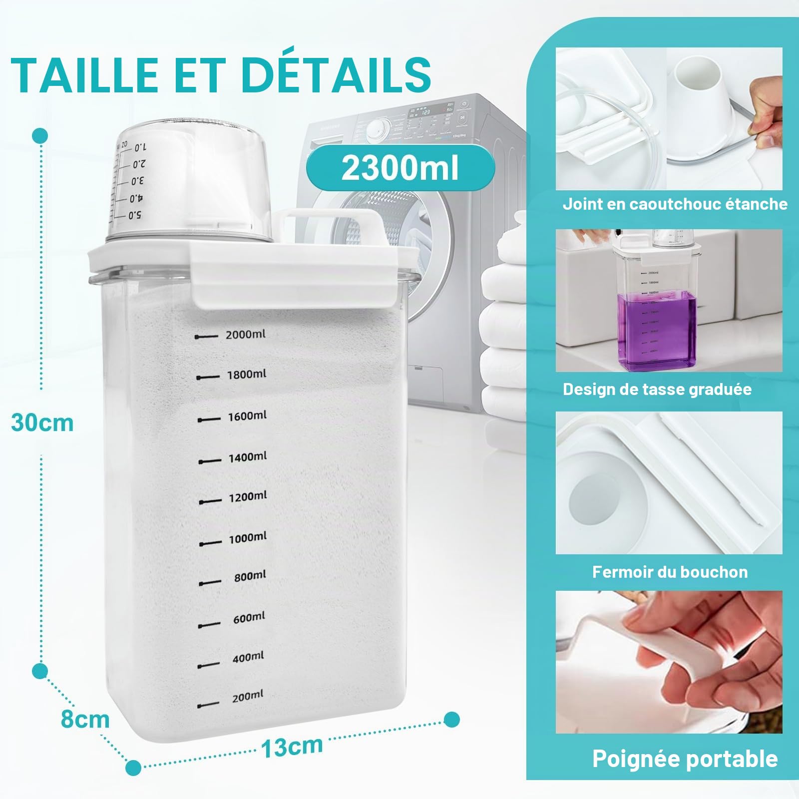 Distributeur Lessive Liquide, Acrylique, Multi-Usage,Étanches À L'humidité, HerméTique De Avec Tasse à Mesurer Distributeur De Lessive En Poudre pour la Buanderie (2300ml*2)