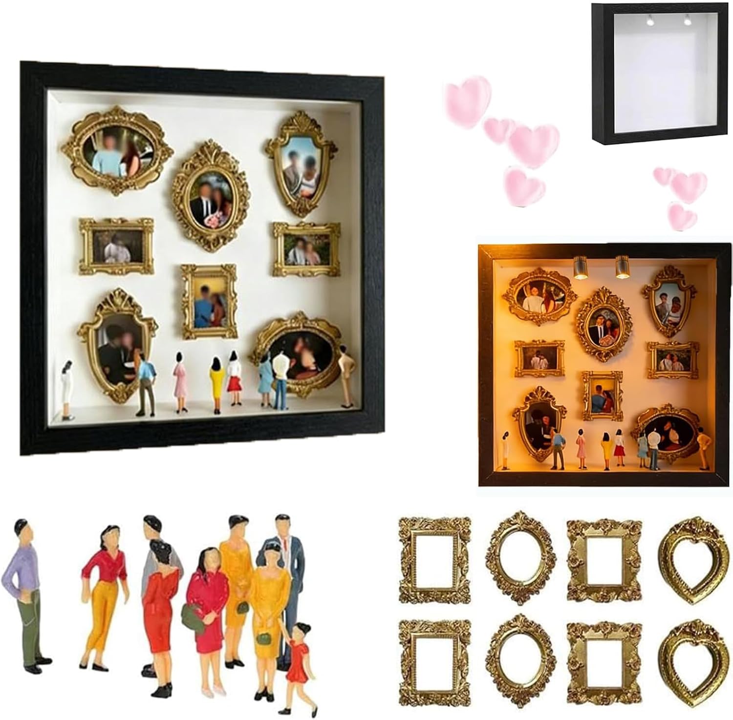 DIY Mini Museum Silhouette Box Kit - Creative Memory Display with Mini Figurines & Gold Frames, Unique Memory Keepsake for Home Decor, Perfect Meaningful for Valentine’s Day (Black-with Lights)
