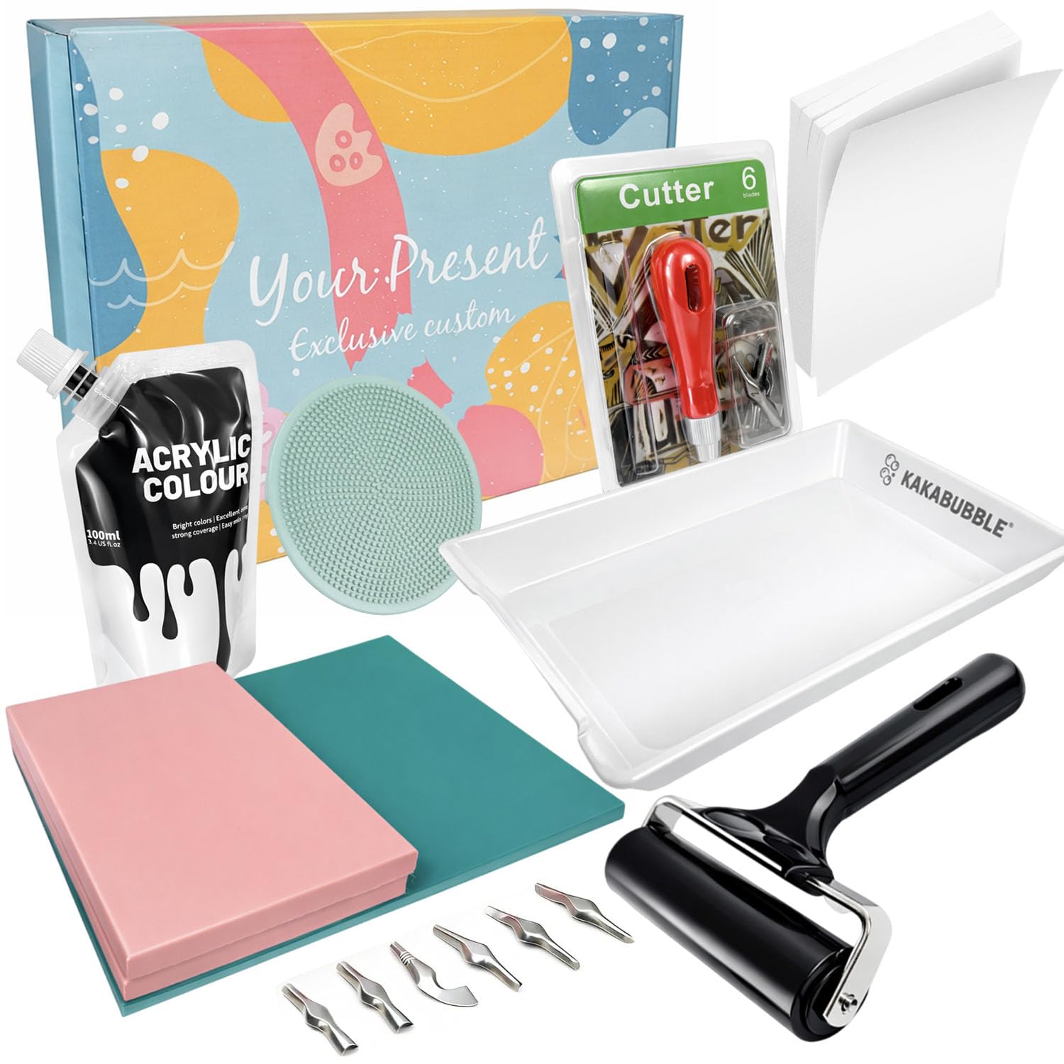 KAKABUBBLE Kit di stampa Linocut e Block per principianti, con strumenti per intagliare, blocchi di linoleum, Brayer, inchiostro a base d'acqua e carta da trasferimento, artigianato fai da te