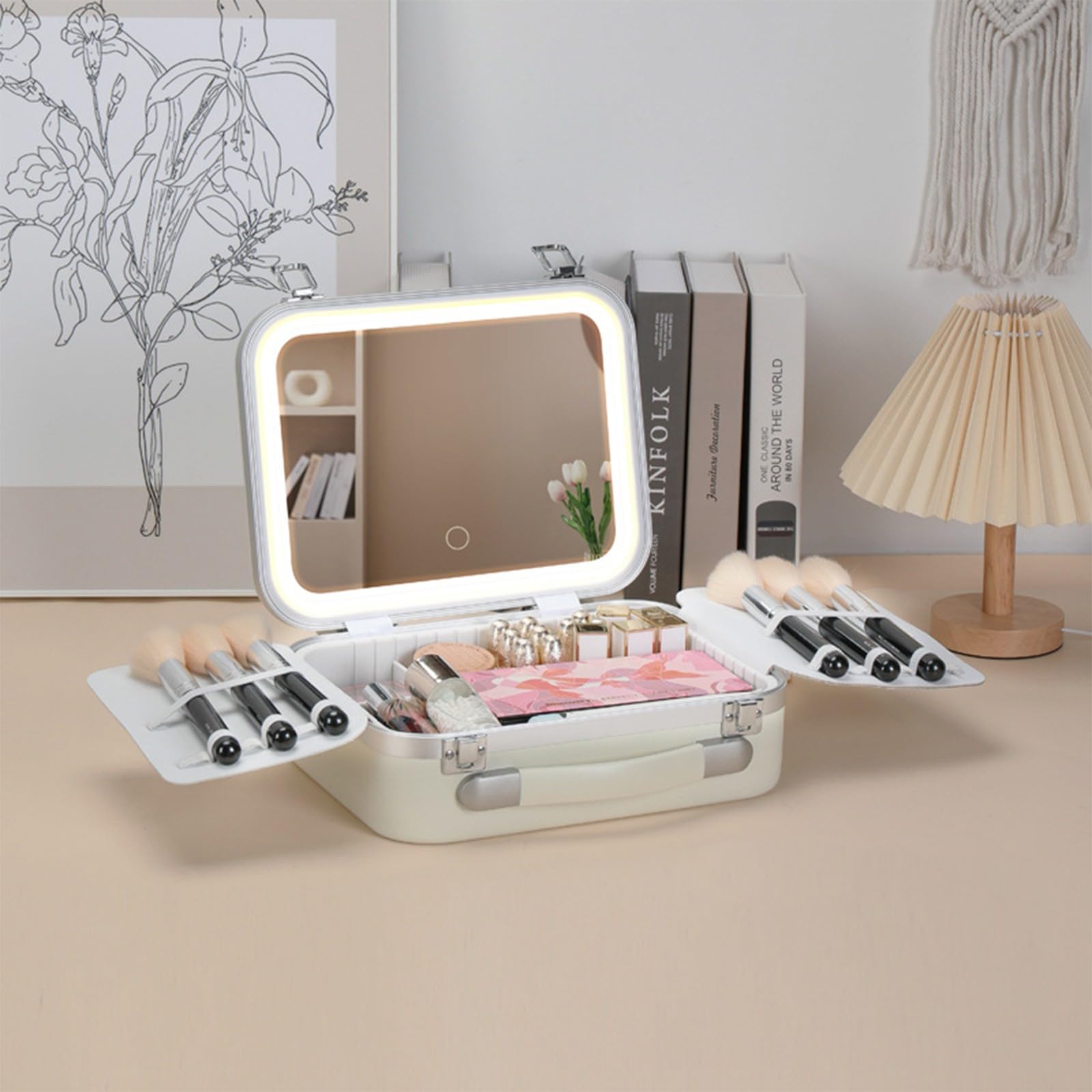 Beauty case professionale con anelli LED regolabili, luce e specchio, organizer portatile per cosmetici da donna, portatile, luminosità regolabile, B, One Size, Bellezza di massa