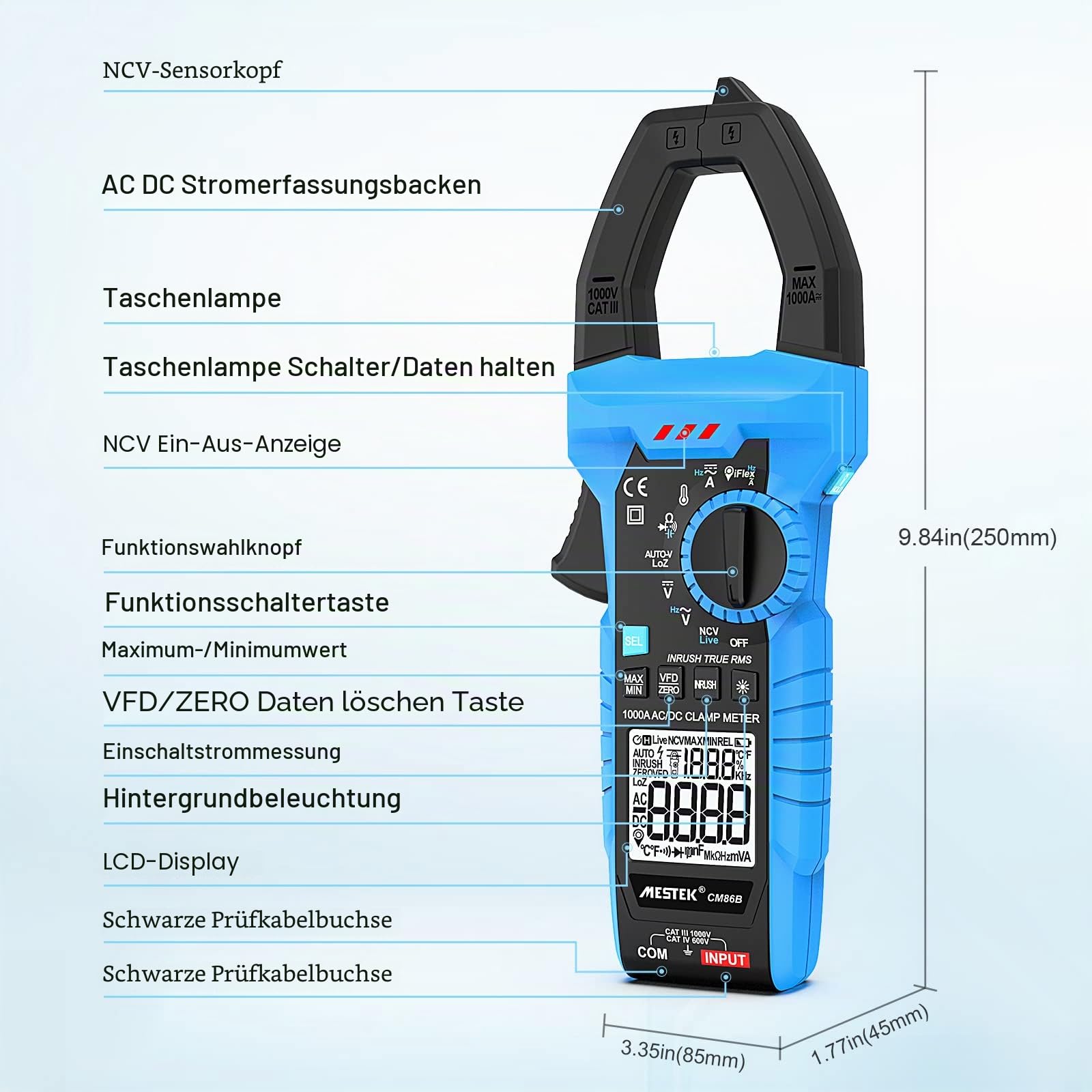 Zangenmultimeter Digital Stromzange Multimeter Clamp Meter AC/DC MESTEK 1000A TRMS 6000 Zähler Strommesszange mit VFD, LOZ-Modus Misst Strom Spannung Temperatur Widerstand Kapazität Frequenz