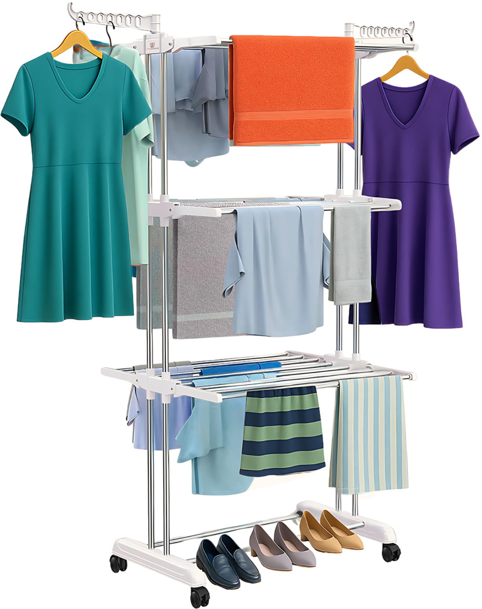 H Houseware Foldable Cloth Drying Stand Stainless Steel – 3 Tier Heavy-Duty Clothes Dryer for Balcony, Indoor & Outdoor Use | with Wheels & Hanger Slots | Rust-Proof Laundry Rack (White)-image-15