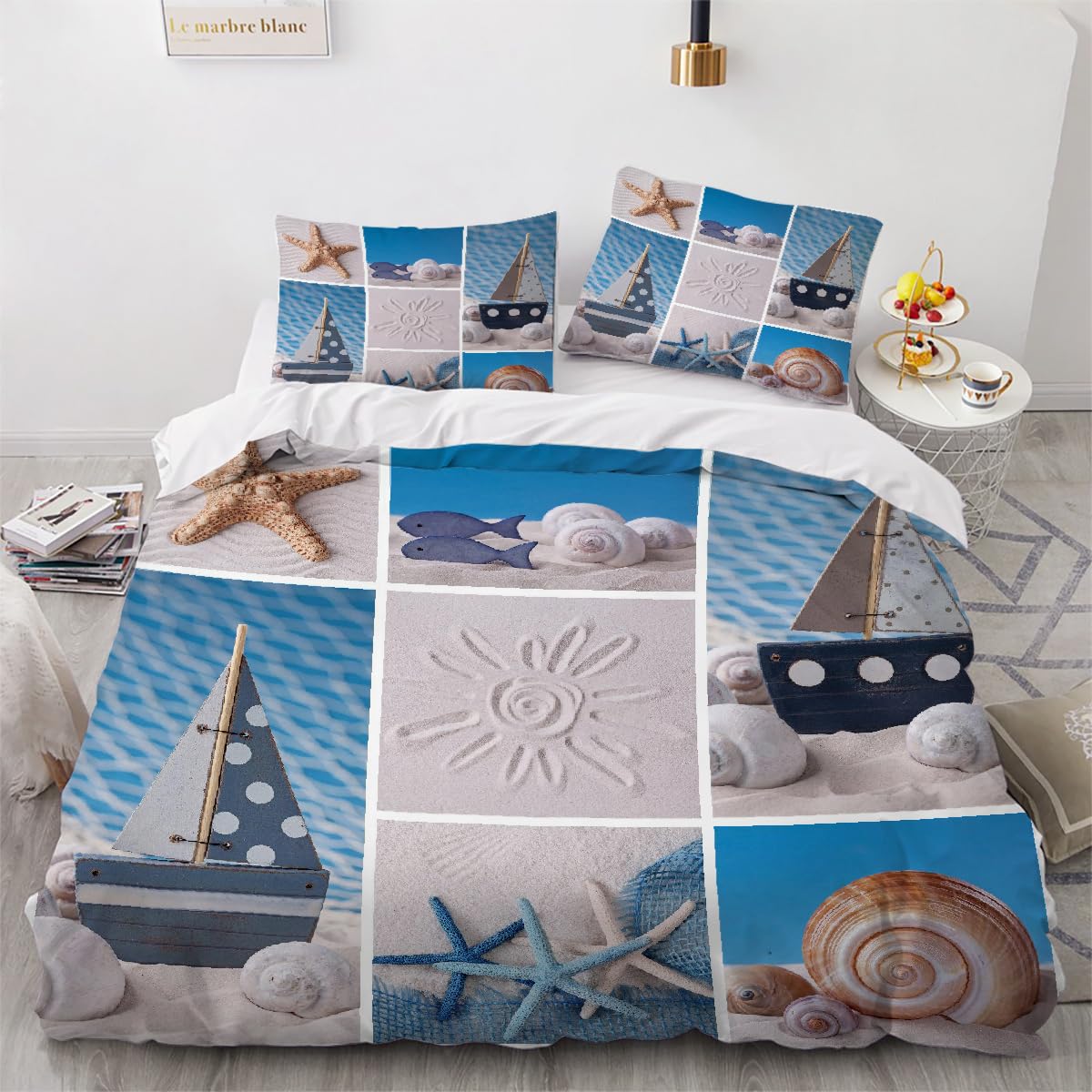 Housse de couette océanique 240x260 cm en microfibre avec 2 taies d'oreiller