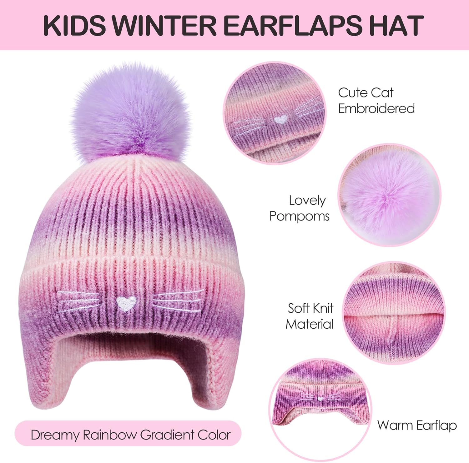 Girls Winter Hat and Gloves Set, Kids Cat Embroidered Knit Beanie with Earflaps Fleece Lined Pom Pom Ski Cap for 2-10Y - Image 3