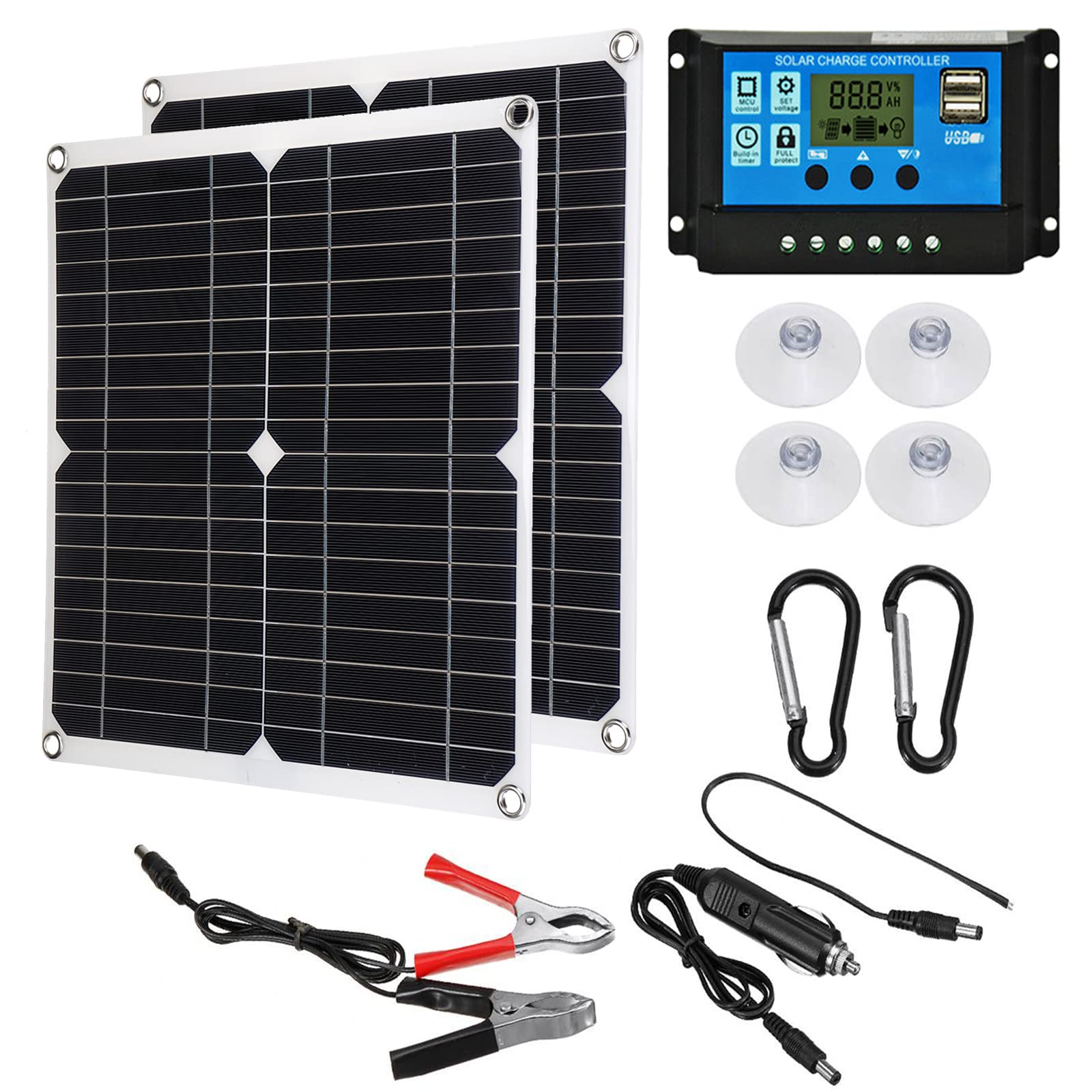 Kit Solar, Panel Solar Flexible, Placa Solar, Paneles Solares, 2Pcs 25W Módulos Solares con Controlador para Autocaravana Caravana Barcos Techos Camping Superficies Irregulares,60A Controller