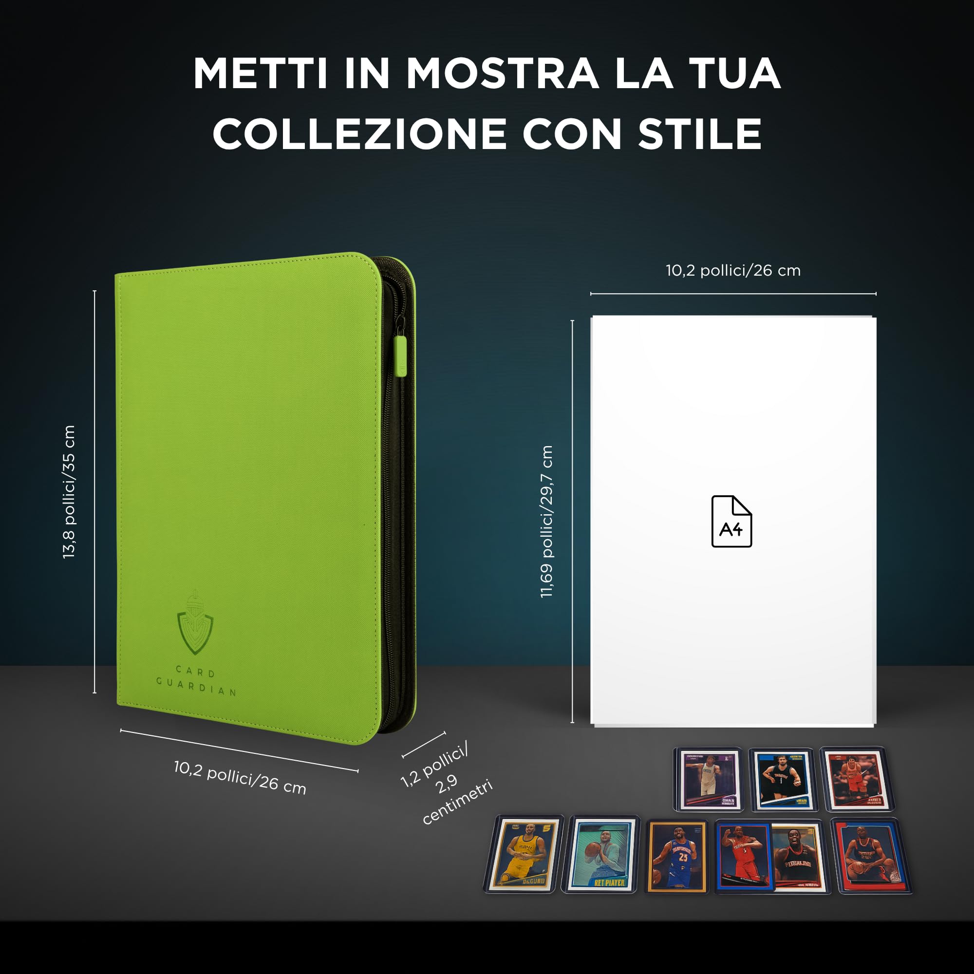 Card Guardian - Raccoglitore Premium 9 tasche con cerniera per 360 carte - Tasche di caricamento laterali per giochi di carte collezionabili TCG (Verde Lime)