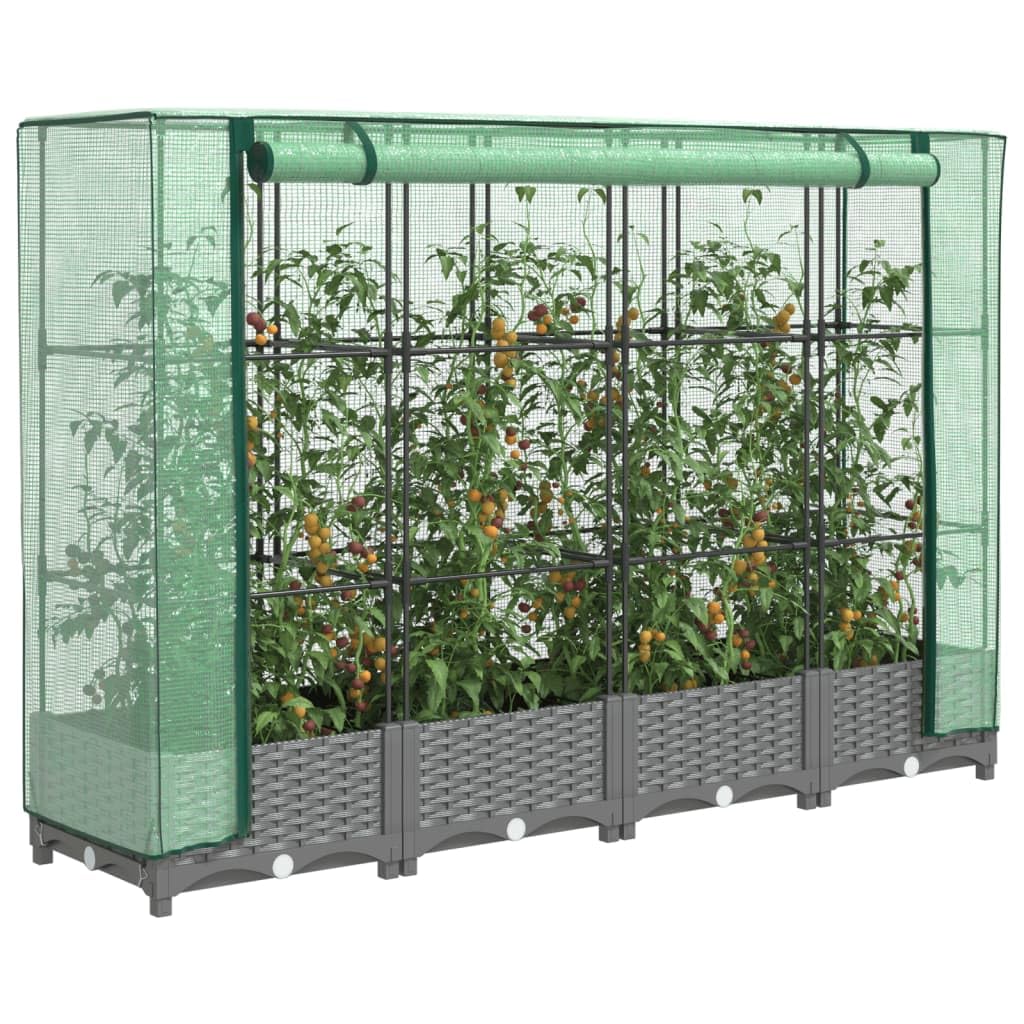 Homgoday Hochbeet mit Gewächshaus-Aufsatz Pflanzkasten Gemüsebeet Blumenbeet Blumenkasten Gartenbeet Pflanzbeet Frühbeet für Balkon Garten Terrasse Rattan-Optik 160x40x123 cm Hellgrau