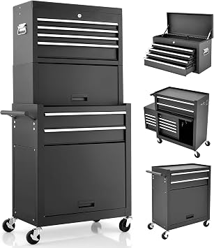 GiantexUK Tool Cabinet with Middle Toolbox, Black | 2 in 1 Lockable Heavy-duty Rolling Tool Chest Box Trolley with Removable Top Cabinet, Wheels, 5/6 Drawers, Pegboard & Hooks