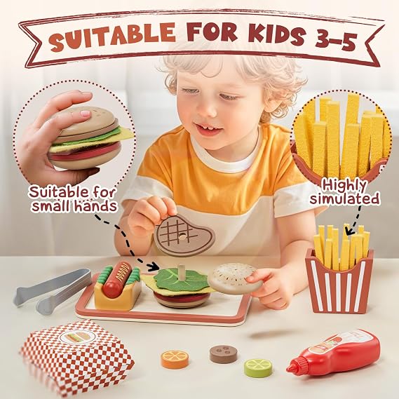 Lehoo Castle Wooden Fast Food Play Sets, Pretend Play Food Set for Kids | Restaurant Playset with Hamburger Counter, Sandwich, Ice Cream, Menu and Play Money, Kitchen Toys Fake Food for Toddlers 3-5