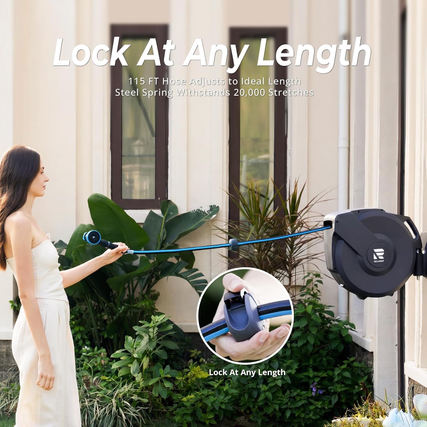 Relhost Garden Hose Reel 115 ft x 5/8 in, Retractable Heavy Duty Hose Reel with Any Length Lock, Auto Rewind System, 180° Metal Swivel Bracket, 10-Pattern Garden Hose Nozzle, Dark Grey
