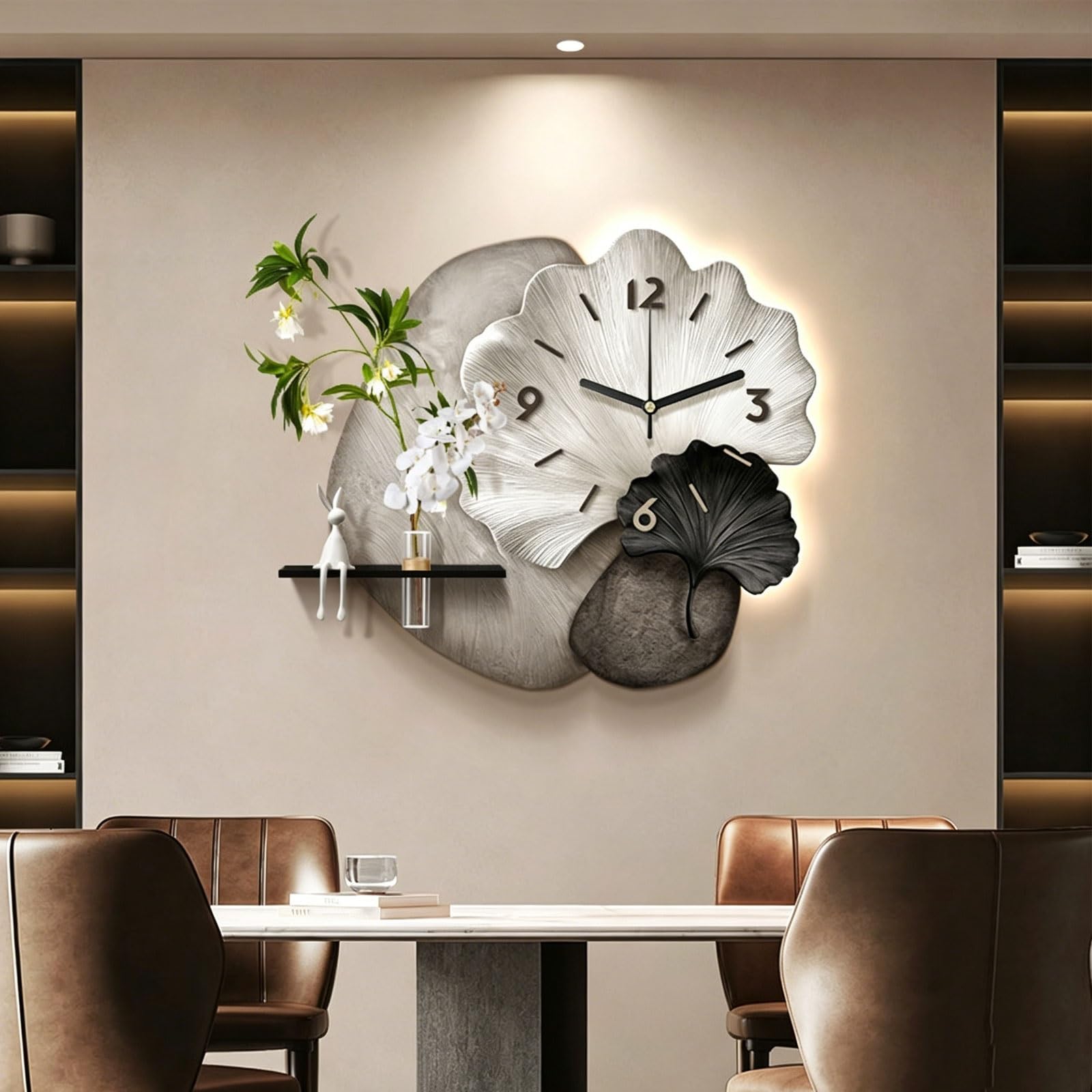 OECETCAWKD Modern 3D LED Wall Clock with Silent Non-Ticking, Sandstone Wall Art with Artificial Plants and Vase, Plug-in Power Supply Wall Decor for Living Room Dining Room(B,60 * 50CM/23.6 * 19.7IN)